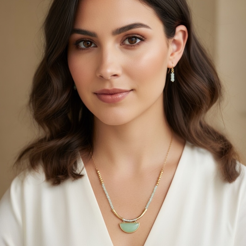 NWT Mint Green Tribal Necklace & Earrings Set – Goldtone Minimalist Boho Jewelry